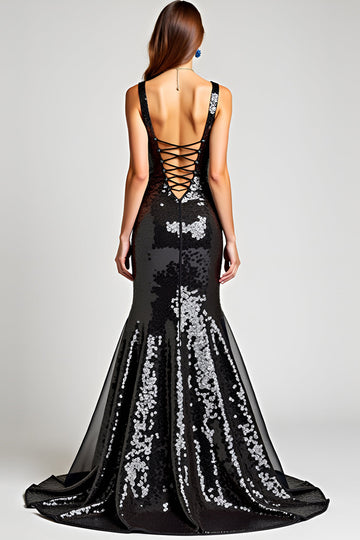 Robe cravate noire scintillante sirène à col en V avec lacets dans le dos